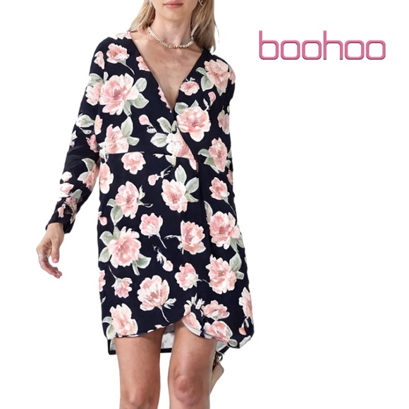 Boohoo Floral Faux Wrap Dress Print Long Sleeve Stretch Fabric Navy Pink Made UK - Picture 1 of 13